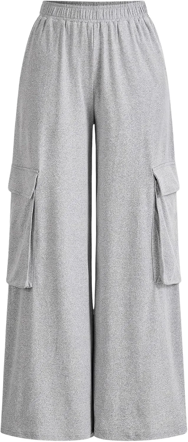 Floerns Women's Elastic Waist Cargo Pants Workout Wide Leg Pants Trousers with Pockets