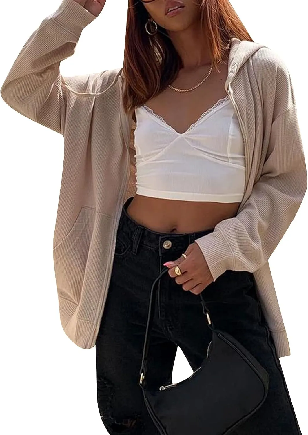 FOMOYUU Womens Oversized Zip Up Hoodie Y2K Jacket Baggy Loose Basic Zipper Hooded Sweatshirt Coat