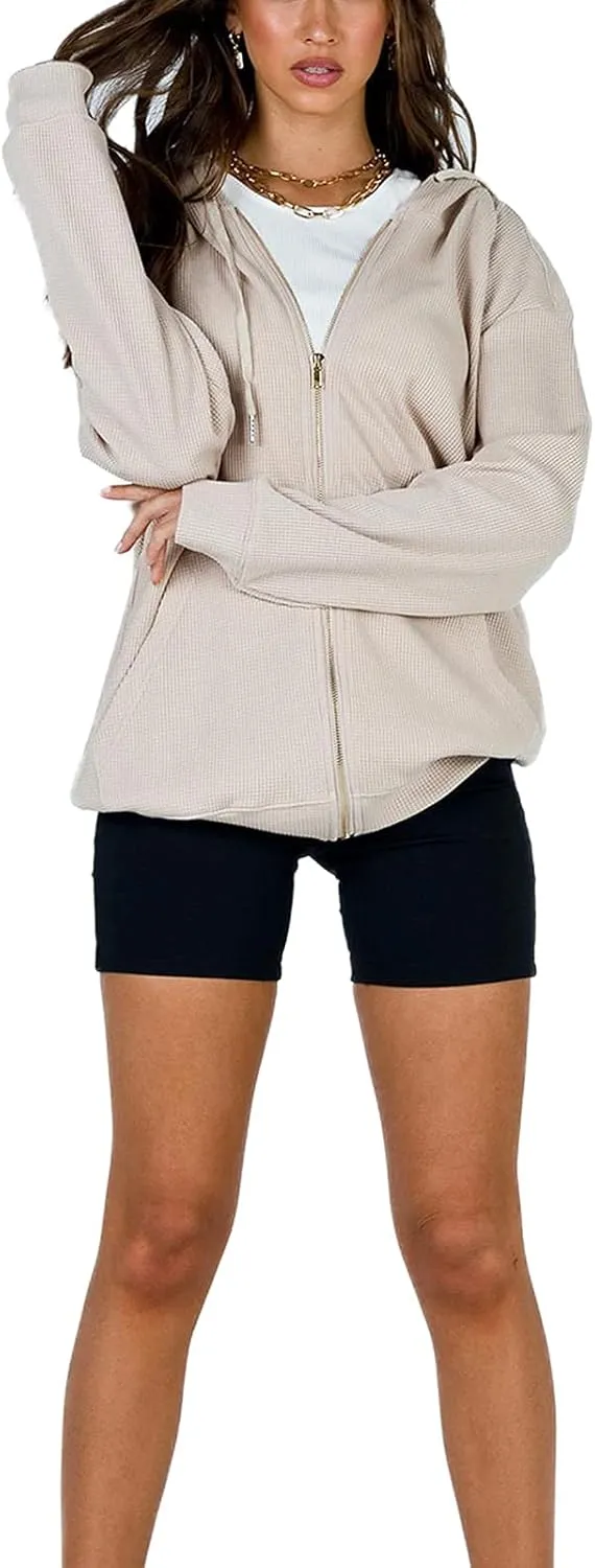 FOMOYUU Womens Oversized Zip Up Hoodie Y2K Jacket Baggy Loose Basic Zipper Hooded Sweatshirt Coat