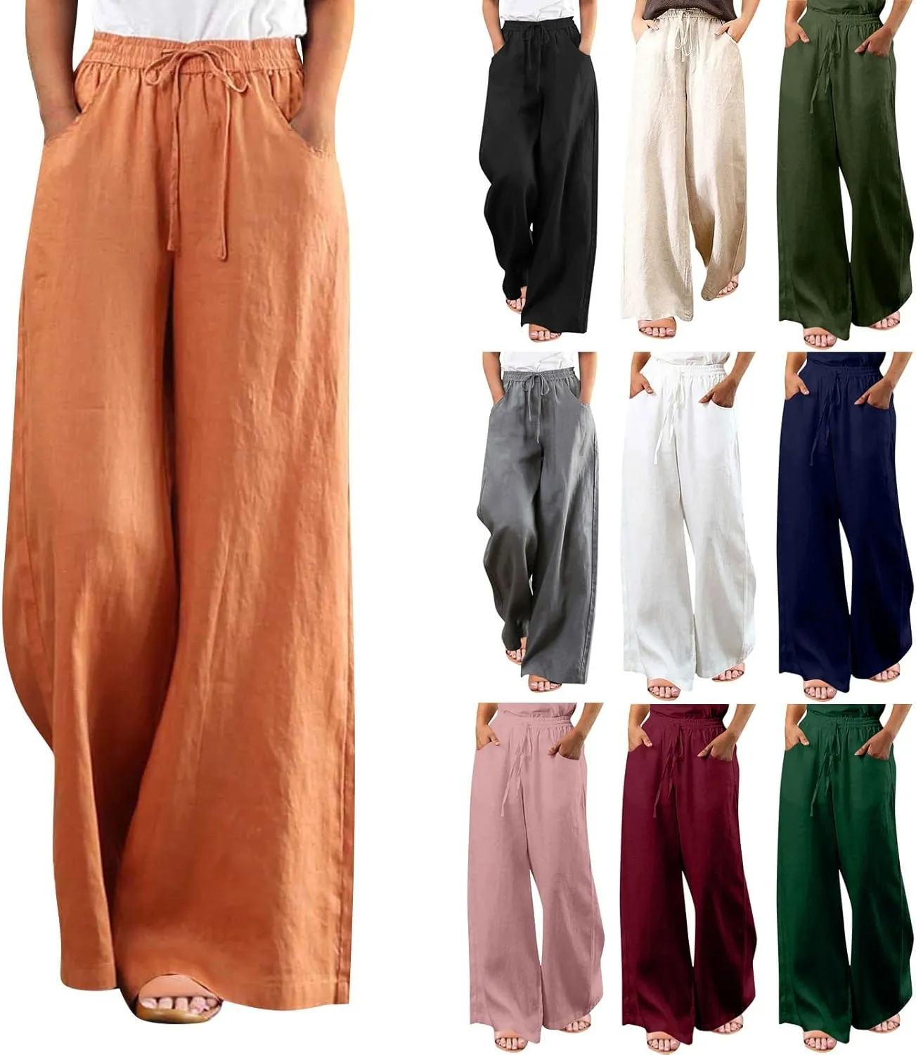 FRMUIC Women Cotton Linen Pants Summer High Waist Wide Leg Pants Drawstring Loose Trousers Casual Lounge Pants with Pocket