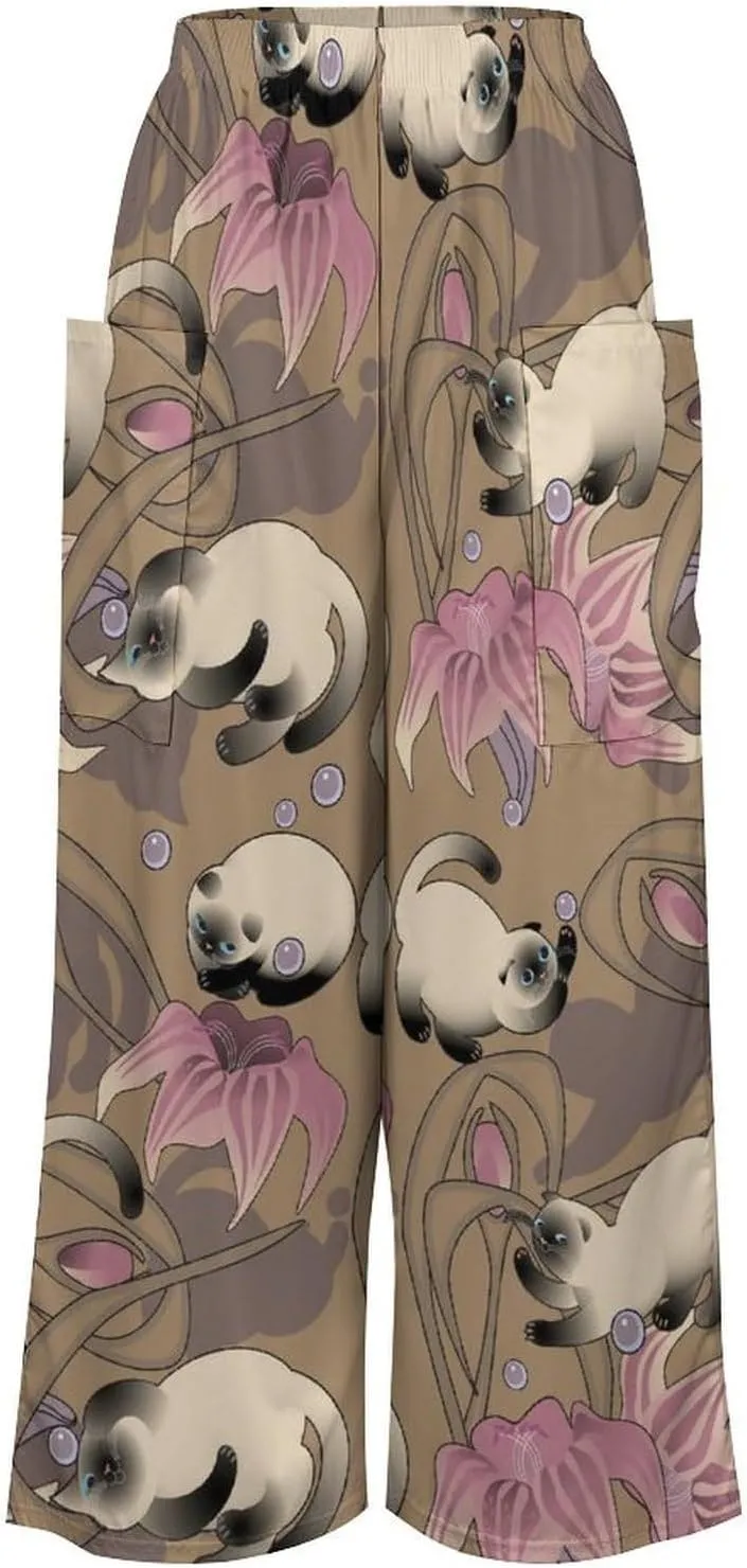 Funny Siamese Cat Women's Casual Pants Yoga Loose Wide Legs Trousers with Pockets High Waist