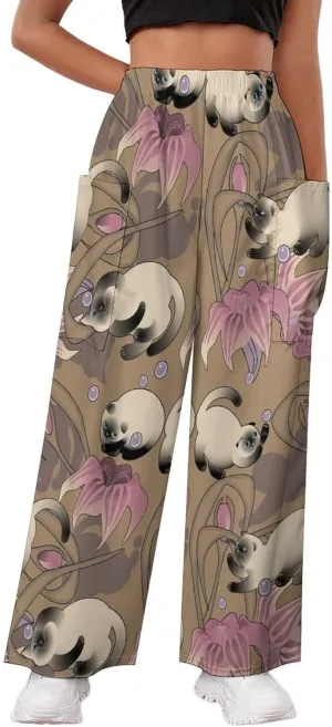 Funny Siamese Cat Women's Casual Pants Yoga Loose Wide Legs Trousers with Pockets High Waist