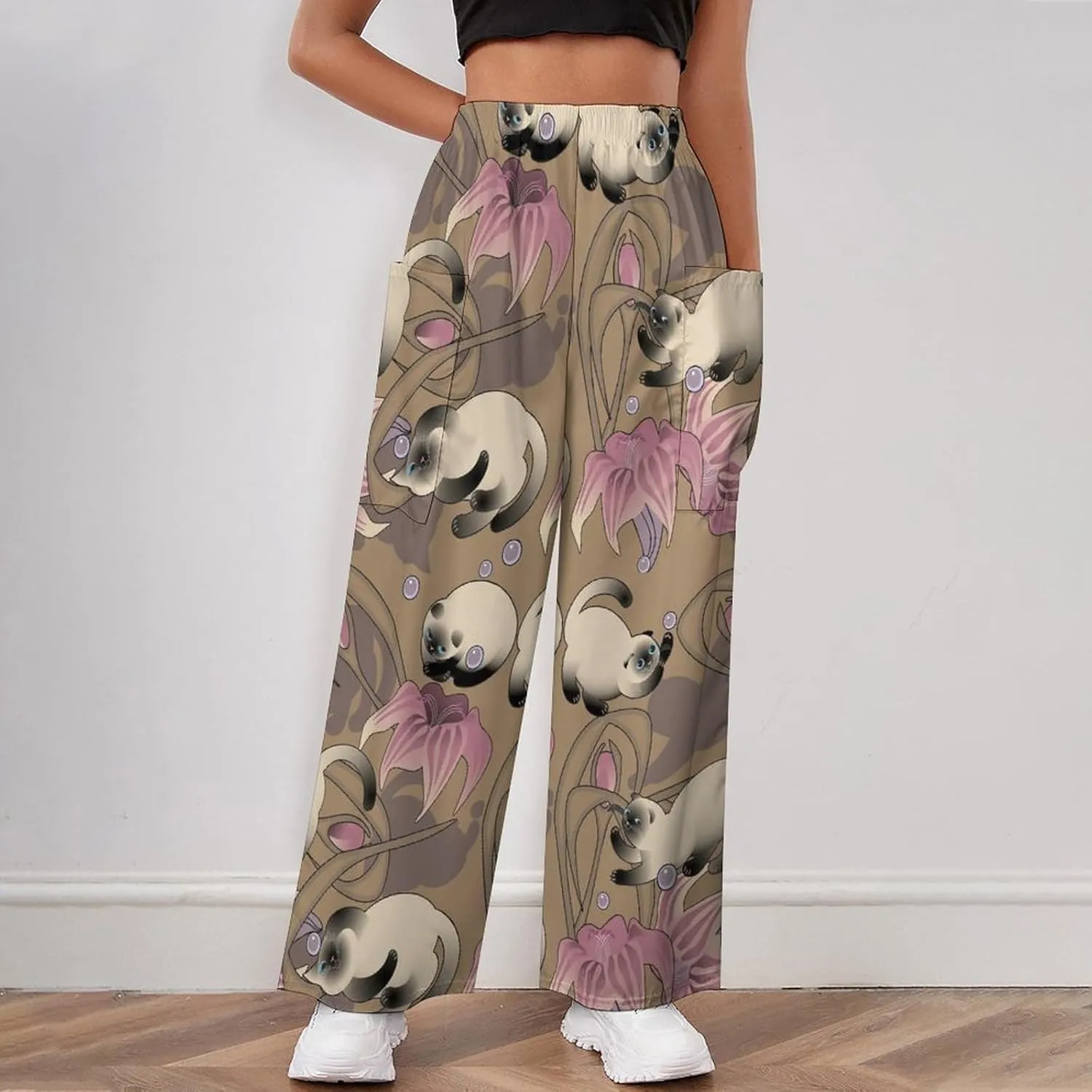 Funny Siamese Cat Women's Casual Pants Yoga Loose Wide Legs Trousers with Pockets High Waist