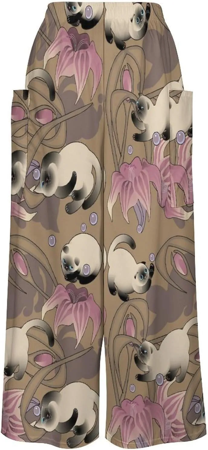 Funny Siamese Cat Women's Casual Pants Yoga Loose Wide Legs Trousers with Pockets High Waist
