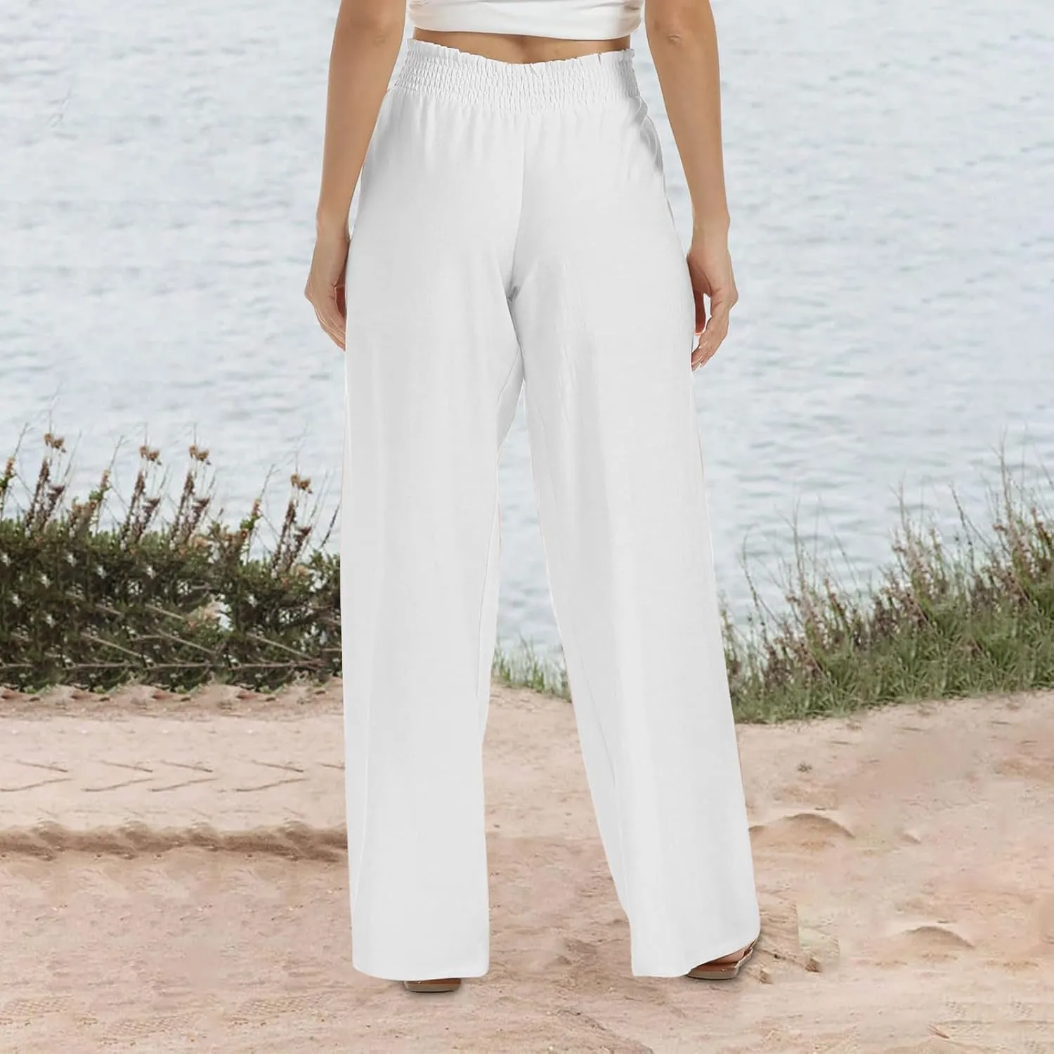generic Linen Pants Women 2024 Summer Palazzo Flowy Pants Wide Leg Beach Pants High Waist Casual Vacation Trouser with Pocket
