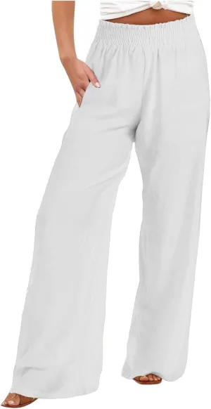 generic Linen Pants Women 2024 Summer Palazzo Flowy Pants Wide Leg Beach Pants High Waist Casual Vacation Trouser with Pocket