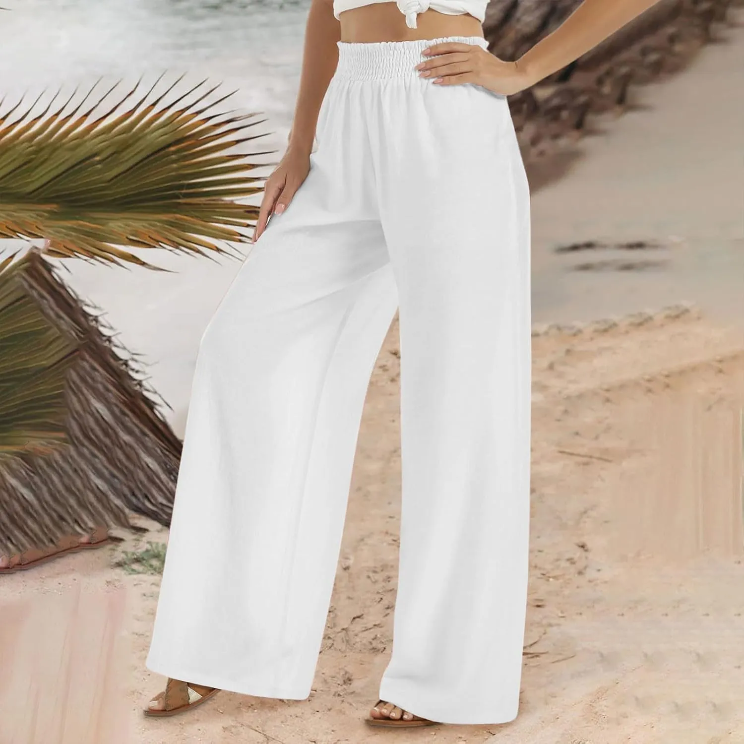 generic Linen Pants Women 2024 Summer Palazzo Flowy Pants Wide Leg Beach Pants High Waist Casual Vacation Trouser with Pocket