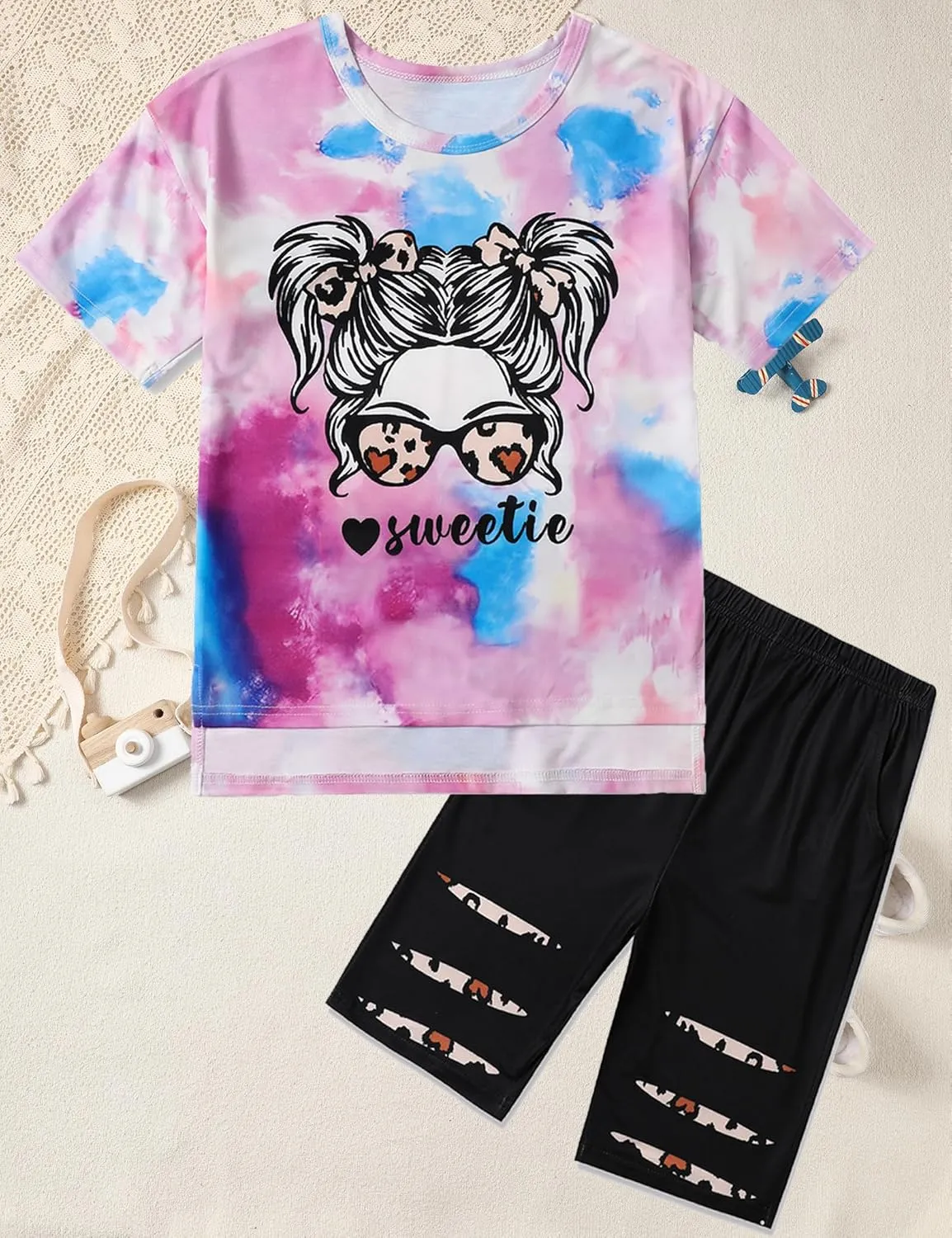 Girls Summer Clothes Size 6 Tie Dye Short Sleeve T Shirt Tops   Leggings Sweatpants Girls Clothes Size 7