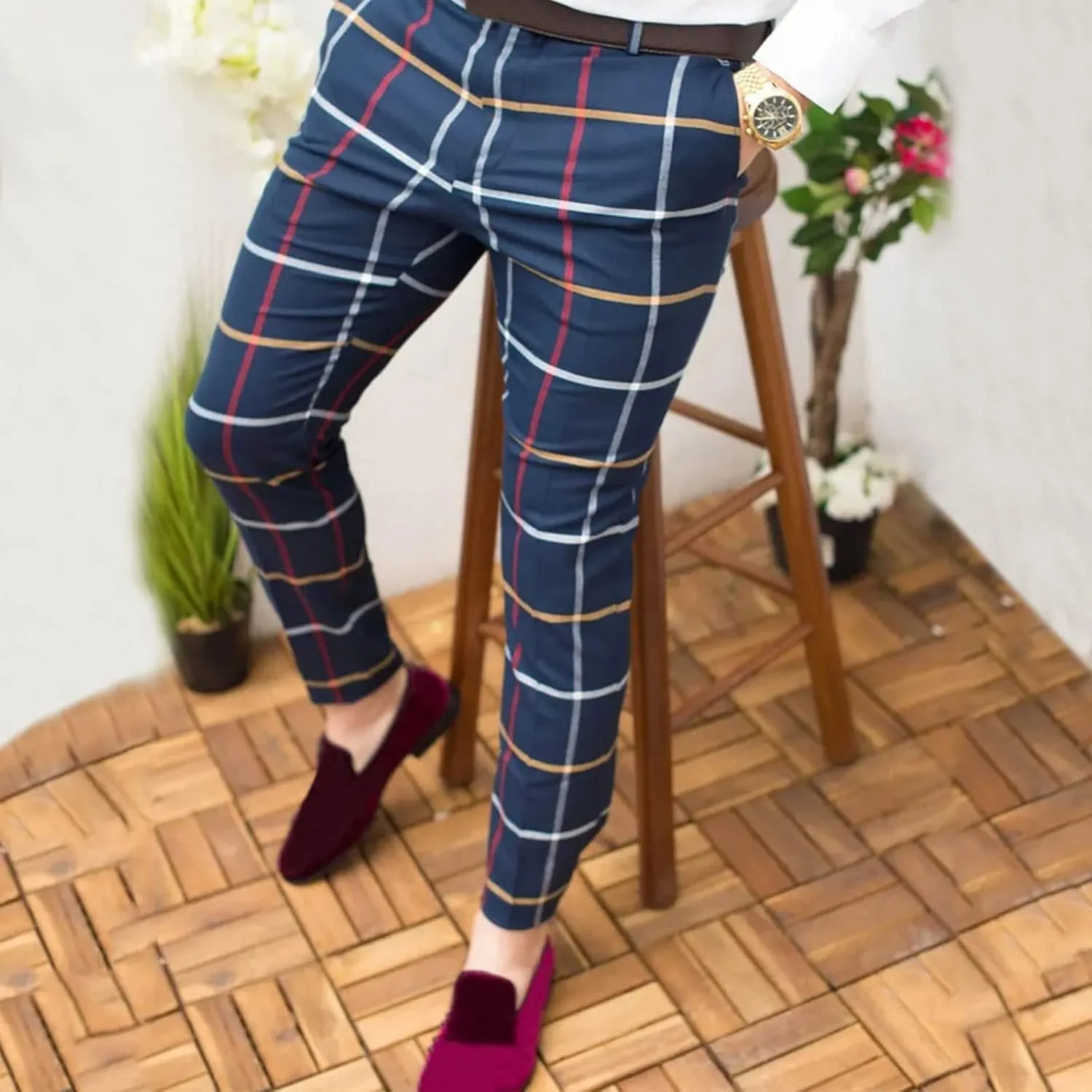 GOKKILRW Mens Chinos Slim Fit Stretch Plaid Flat-Front Skinny Dress Pants Business Work Pencil Lounge Pants