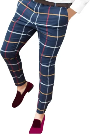 GOKKILRW Mens Chinos Slim Fit Stretch Plaid Flat-Front Skinny Dress Pants Business Work Pencil Lounge Pants