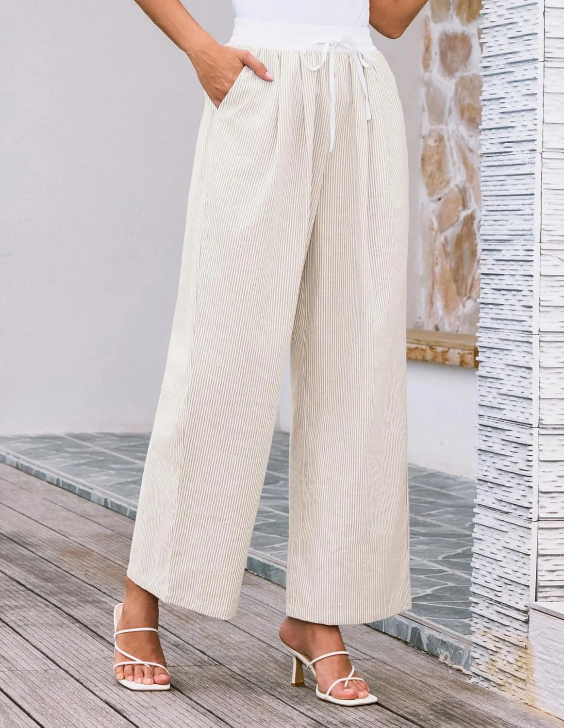 GRACE KARIN Women Cotton Palazzo Pants 2025 Summer Stripe Drawstring Loose Wide Leg Long Trousers with Pockets