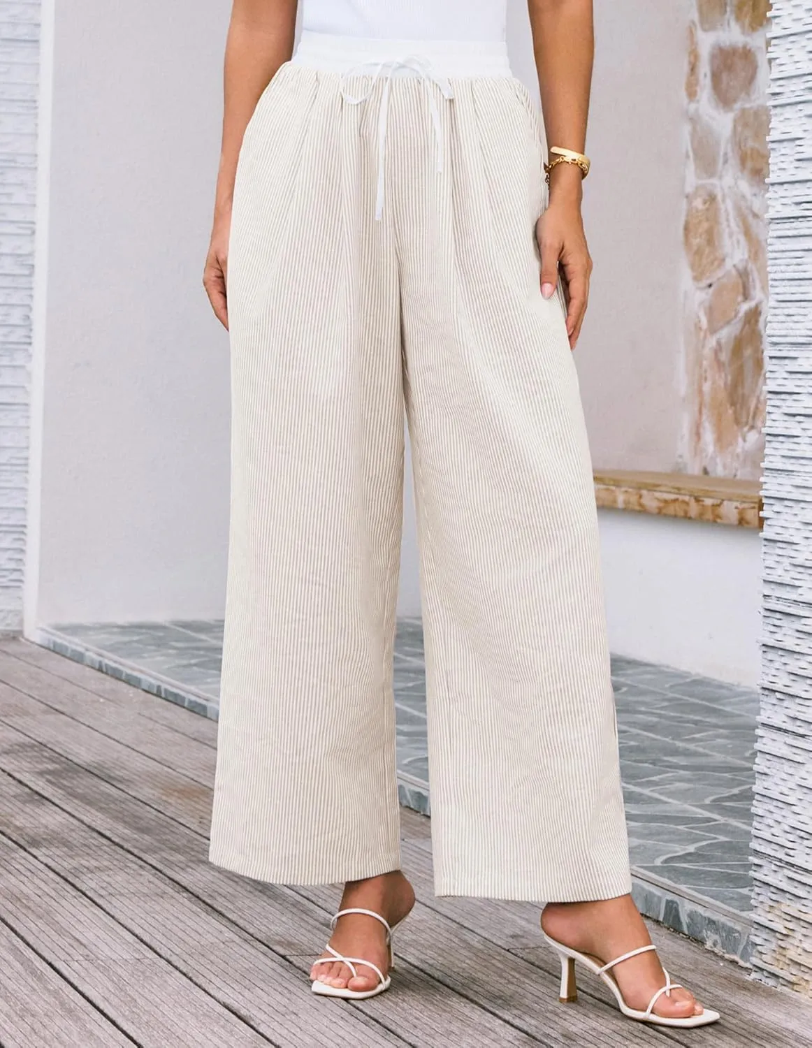 GRACE KARIN Women Cotton Palazzo Pants 2025 Summer Stripe Drawstring Loose Wide Leg Long Trousers with Pockets