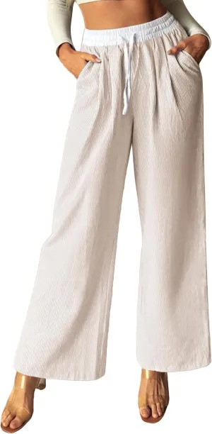 GRACE KARIN Women Cotton Palazzo Pants 2025 Summer Stripe Drawstring Loose Wide Leg Long Trousers with Pockets