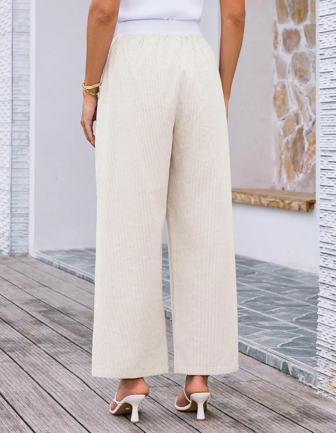 GRACE KARIN Women Cotton Palazzo Pants 2025 Summer Stripe Drawstring Loose Wide Leg Long Trousers with Pockets