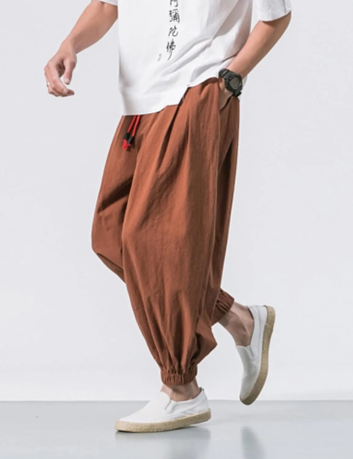 HangNiFang Men's Summer Cotton Linen Drawstring Harem Pants Loose Bloomers Beach Pants
