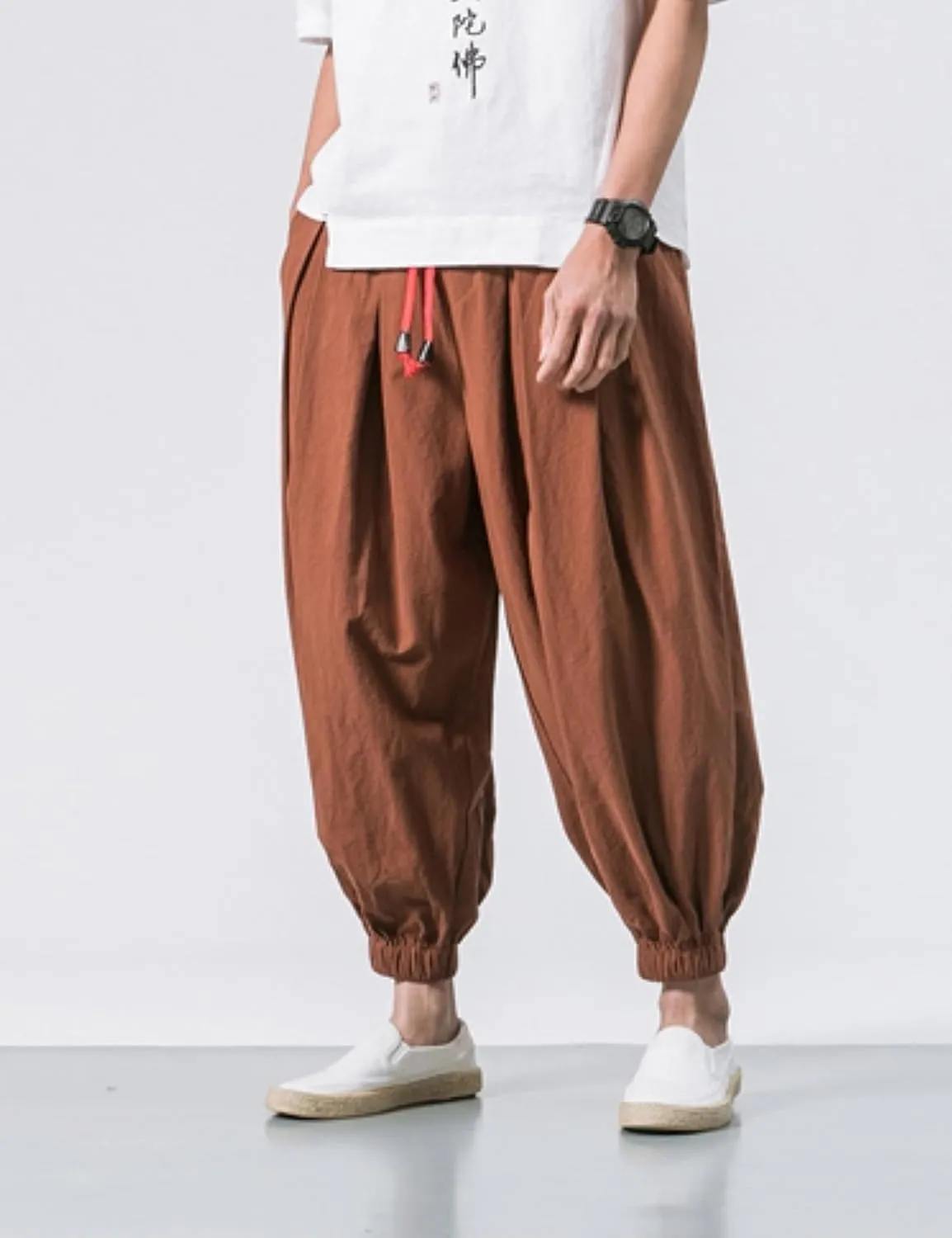 HangNiFang Men's Summer Cotton Linen Drawstring Harem Pants Loose Bloomers Beach Pants