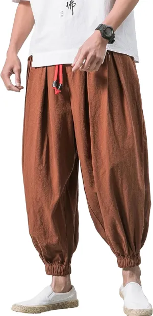 HangNiFang Men's Summer Cotton Linen Drawstring Harem Pants Loose Bloomers Beach Pants