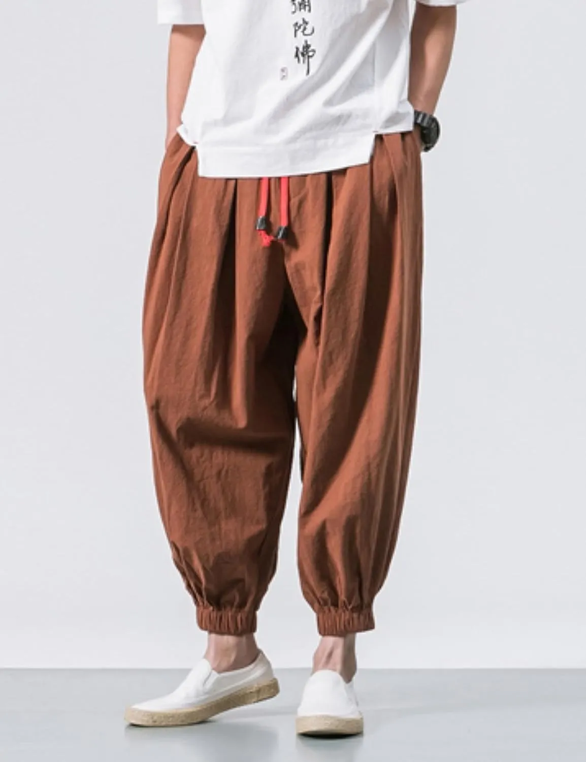 HangNiFang Men's Summer Cotton Linen Drawstring Harem Pants Loose Bloomers Beach Pants