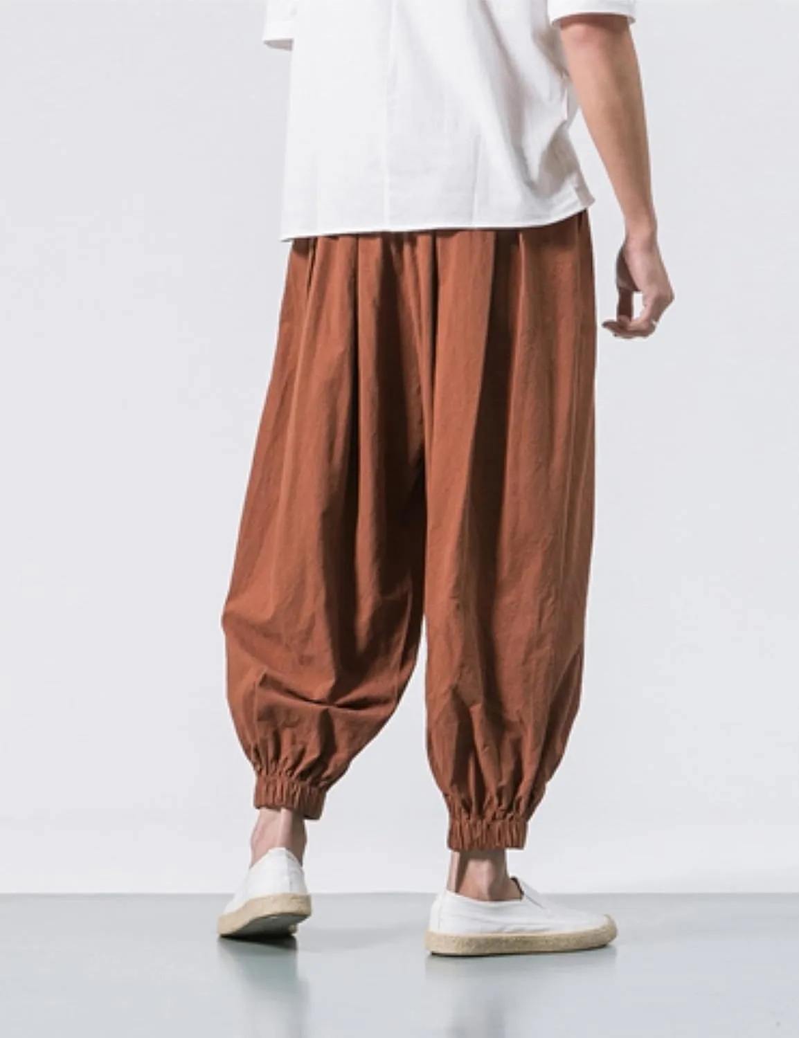 HangNiFang Men's Summer Cotton Linen Drawstring Harem Pants Loose Bloomers Beach Pants