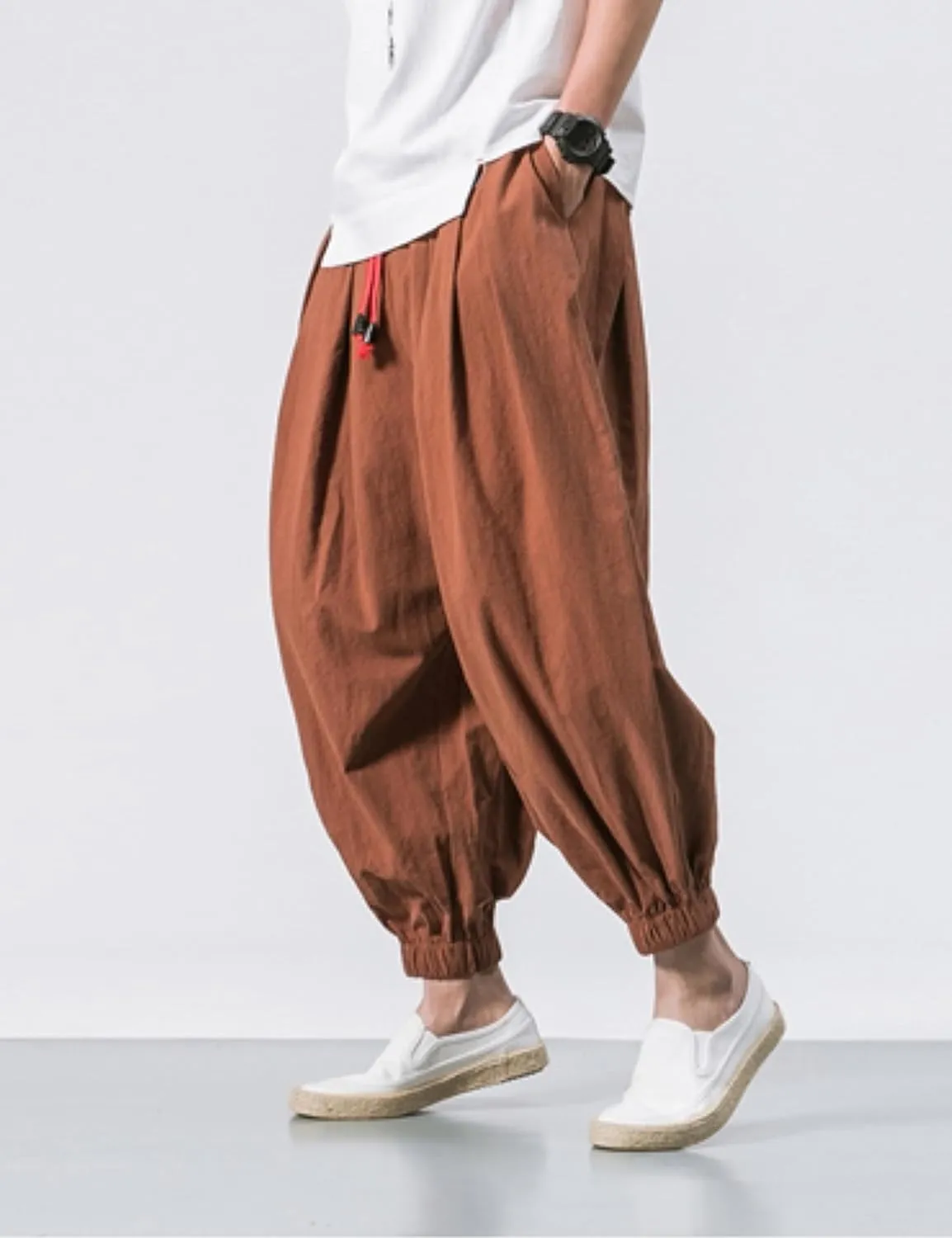 HangNiFang Men's Summer Cotton Linen Drawstring Harem Pants Loose Bloomers Beach Pants