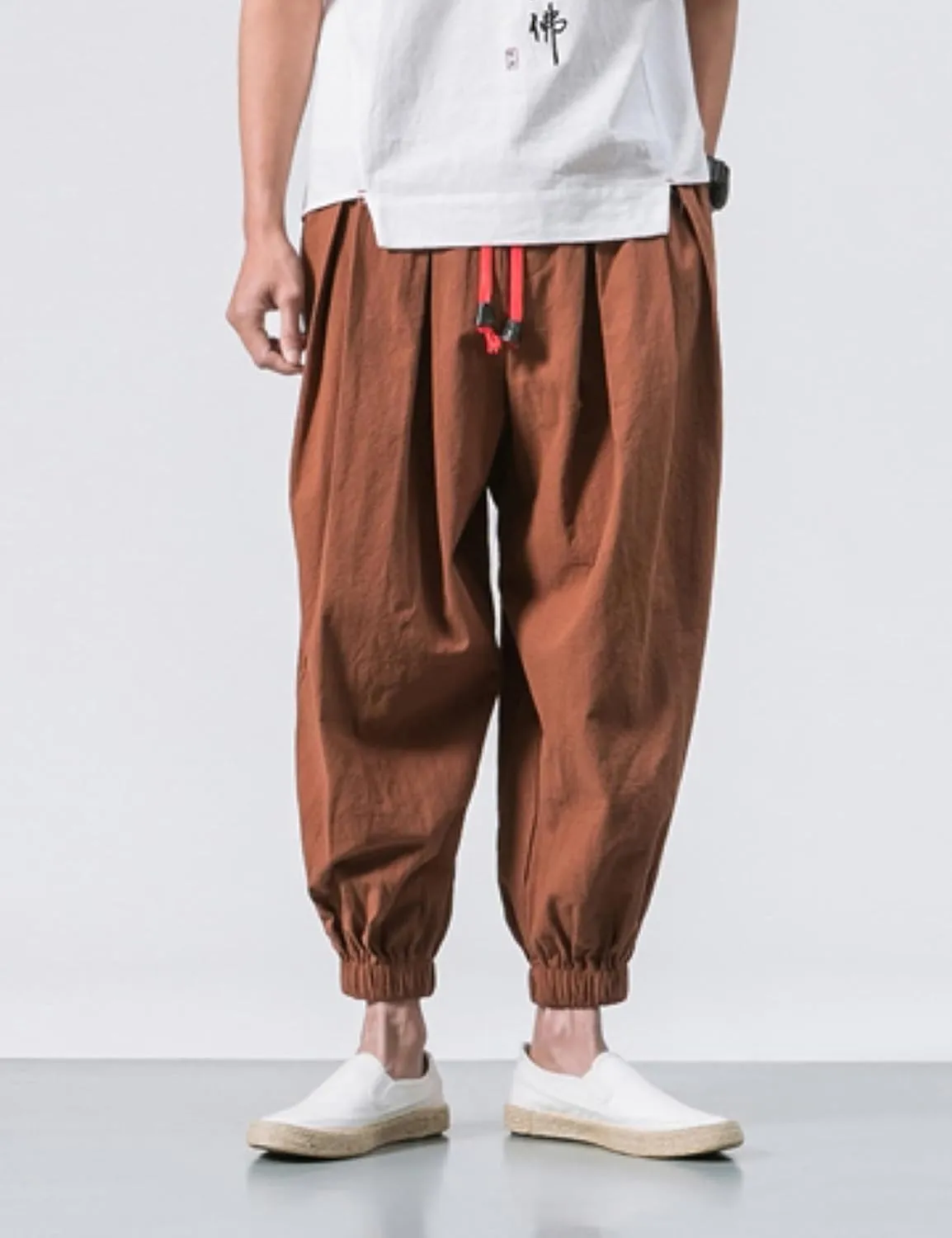HangNiFang Men's Summer Cotton Linen Drawstring Harem Pants Loose Bloomers Beach Pants