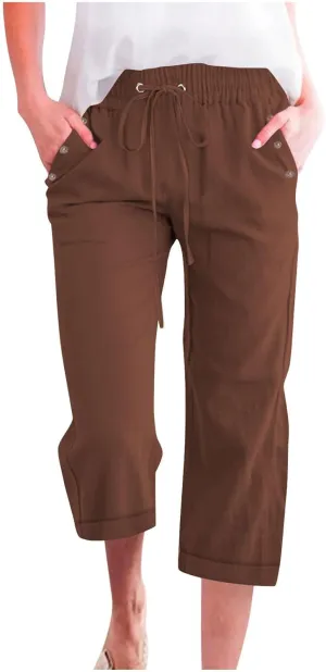 hlysgo Casual Capri Pants for Women High Waist Drawstring Beach Pants 2025 Summer Plus Size Cotton Linen Cropped Trouser