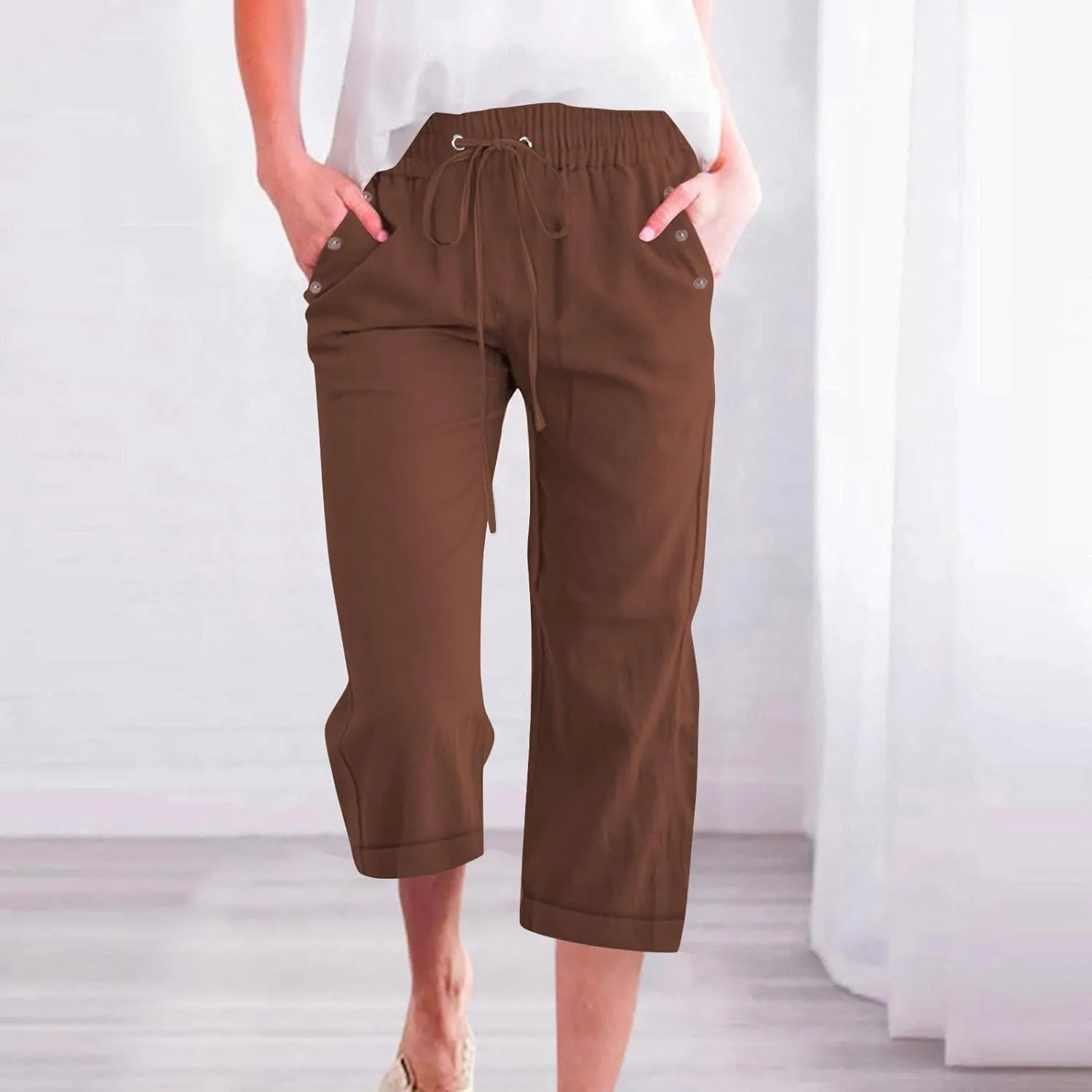 hlysgo Casual Capri Pants for Women High Waist Drawstring Beach Pants 2025 Summer Plus Size Cotton Linen Cropped Trouser