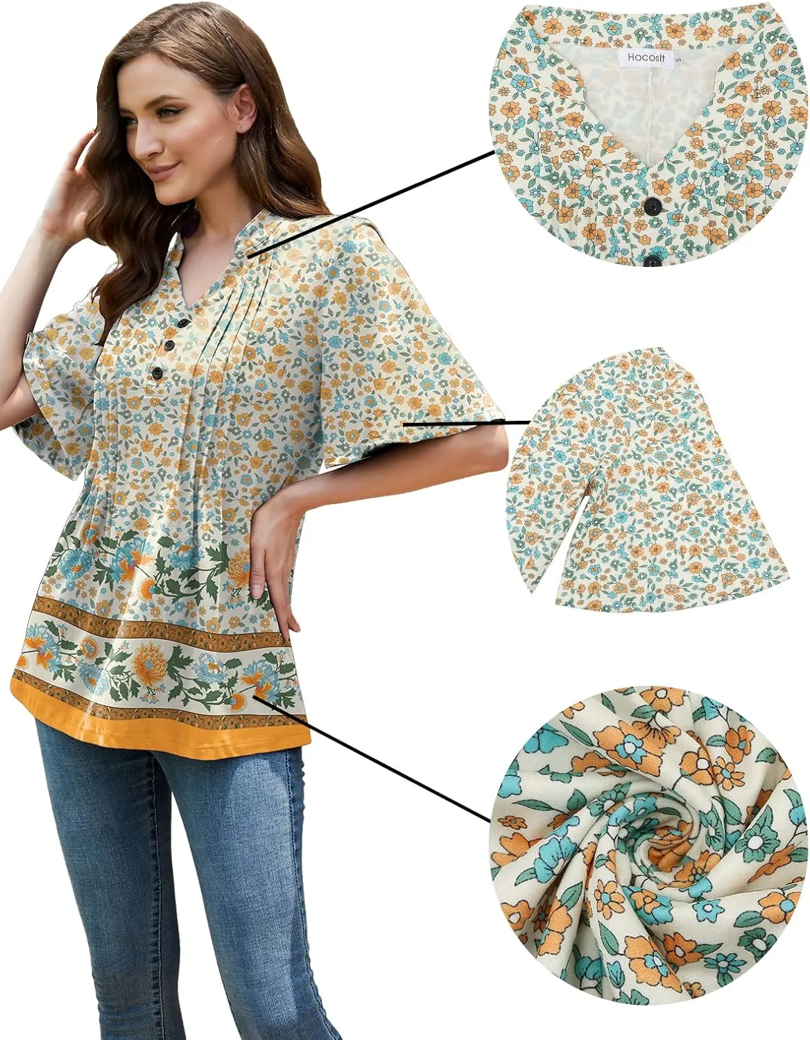 HOCOSIT Women's Floral Print Short Ruffle Sleeve Pleated Front V Neck Button Tunic Tops