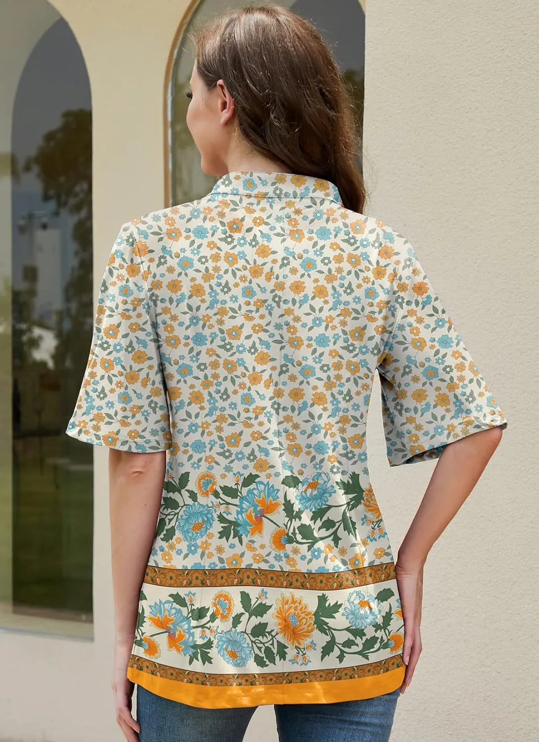HOCOSIT Women's Floral Print Short Ruffle Sleeve Pleated Front V Neck Button Tunic Tops