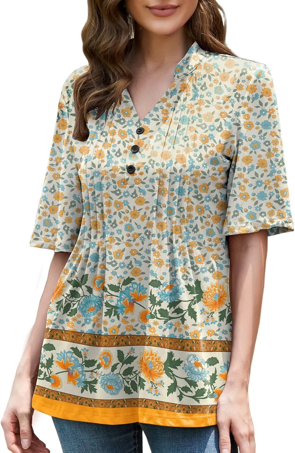 HOCOSIT Women's Floral Print Short Ruffle Sleeve Pleated Front V Neck Button Tunic Tops