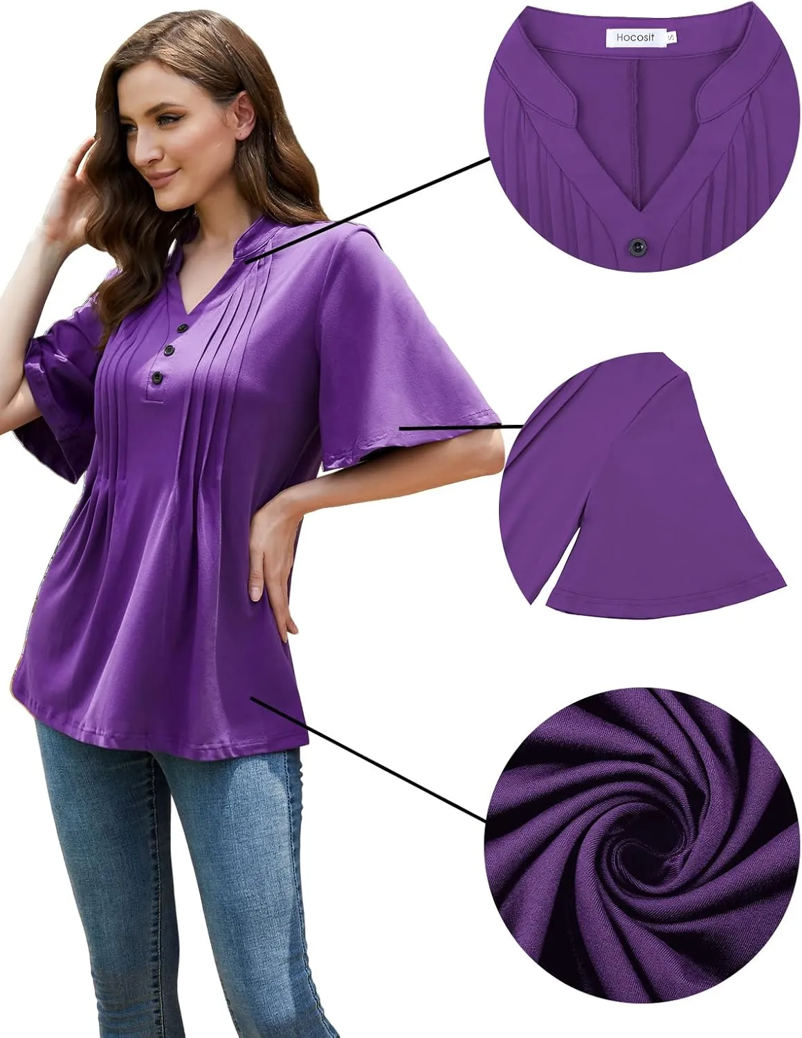 HOCOSIT Women's Floral Print Short Ruffle Sleeve Pleated Front V Neck Button Tunic Tops