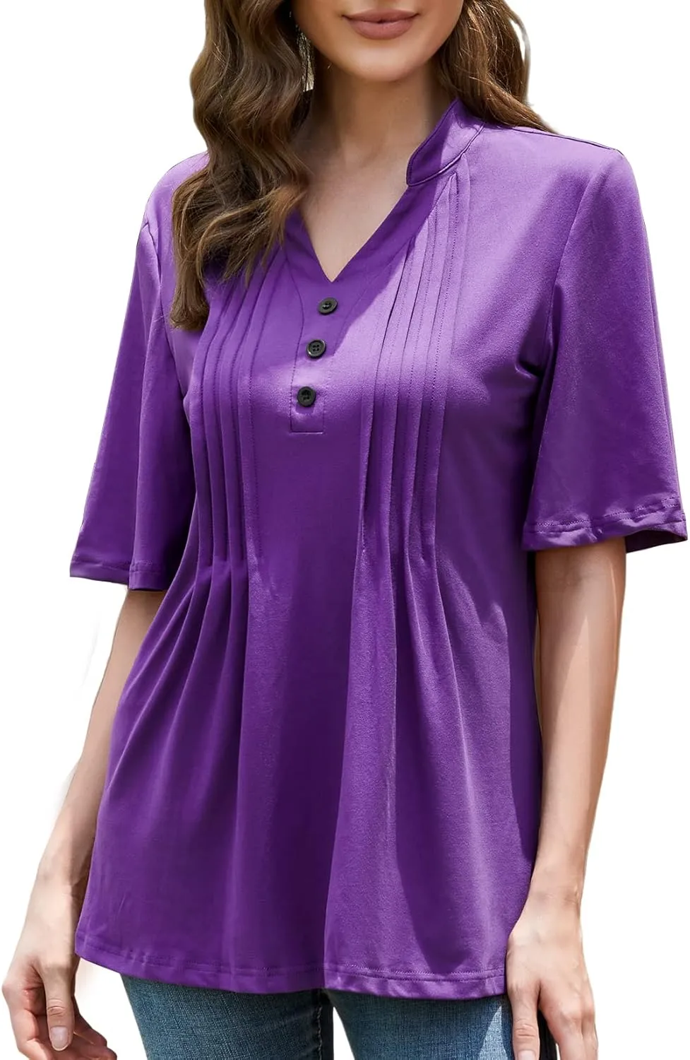HOCOSIT Women's Floral Print Short Ruffle Sleeve Pleated Front V Neck Button Tunic Tops
