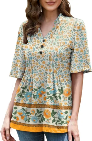 HOCOSIT Women's Floral Print Short Ruffle Sleeve Pleated Front V Neck Button Tunic Tops