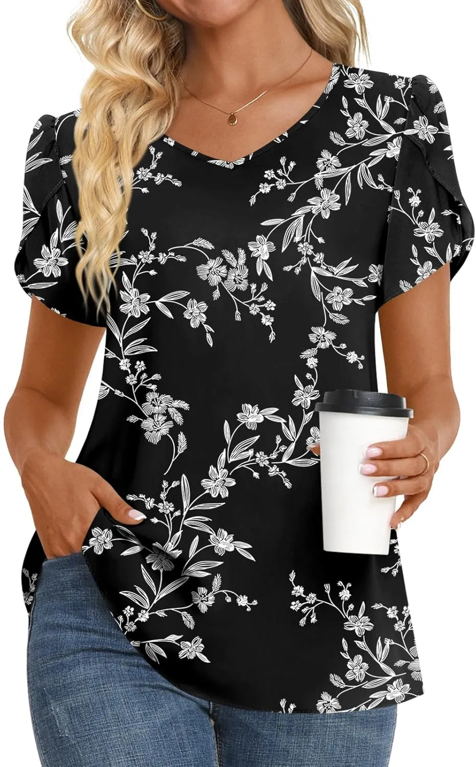 HOTGIFT Womens Tunic Tops 2025 Summer Short Sleeve V Neck Chiffon T Shirt M-3XL