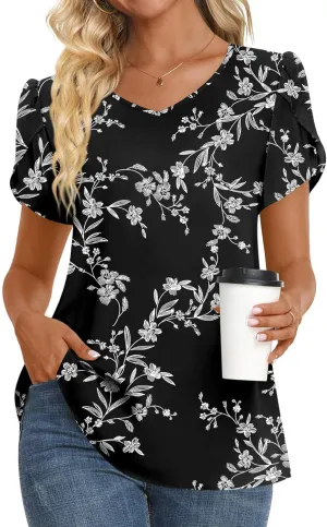 HOTGIFT Womens Tunic Tops 2025 Summer Short Sleeve V Neck Chiffon T Shirt M-3XL