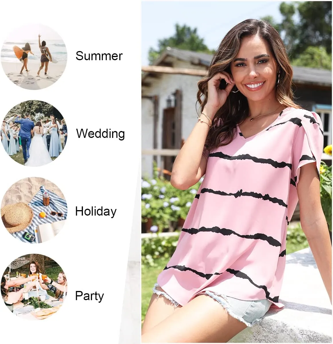 HOTGIFT Womens Tunic Tops 2025 Summer Short Sleeve V Neck Chiffon T Shirt M-3XL
