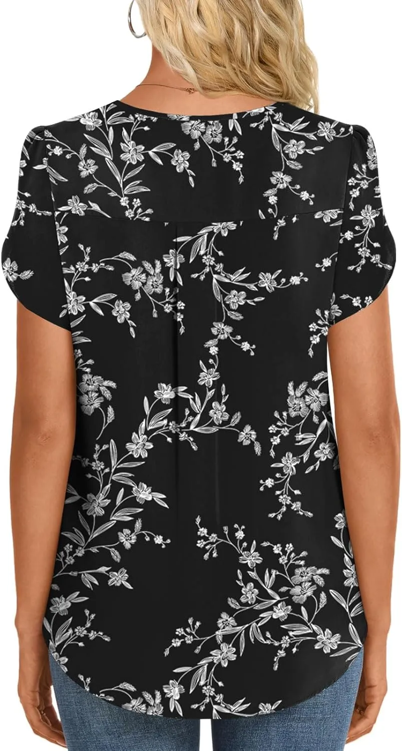 HOTGIFT Womens Tunic Tops 2025 Summer Short Sleeve V Neck Chiffon T Shirt M-3XL