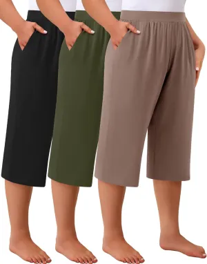 Huukeay 3 Pack Women's Plus Size Capri Pants, Cotton Wide Leg Capris Sweatpants Summer Loose Cropped Yoga Pants with Pockets