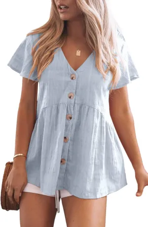 JayGate Womens Short Sleeve V Neck Blouse Button Down Shirt Loose Casual Ruffle Hem Babydoll Peplum Tops
