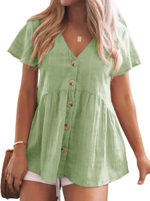 JayGate Womens Short Sleeve V Neck Blouse Button Down Shirt Loose Casual Ruffle Hem Babydoll Peplum Tops