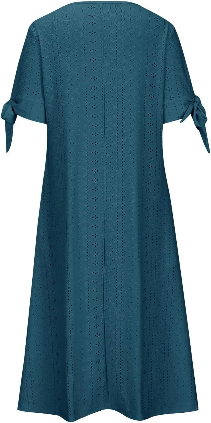 JIEMUXIU Maxi Dresses for Women 2025 Trendy Short Sleeve Eyelet Tshirt Long Dress Casual Summer Boho Beach Vacation Sundress