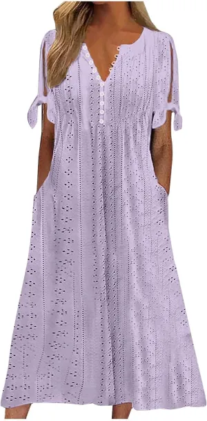 JIEMUXIU Maxi Dresses for Women 2025 Trendy Short Sleeve Eyelet Tshirt Long Dress Casual Summer Boho Beach Vacation Sundress