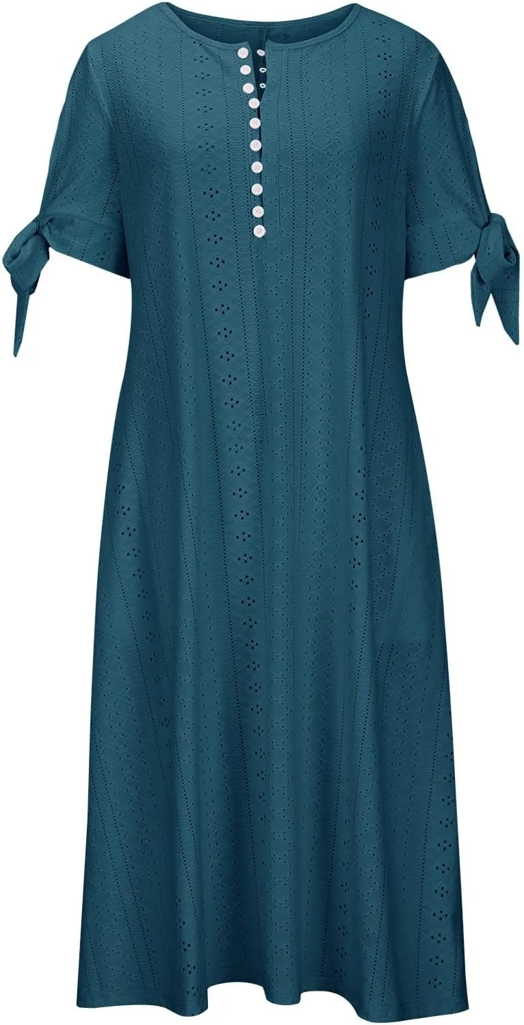JIEMUXIU Maxi Dresses for Women 2025 Trendy Short Sleeve Eyelet Tshirt Long Dress Casual Summer Boho Beach Vacation Sundress