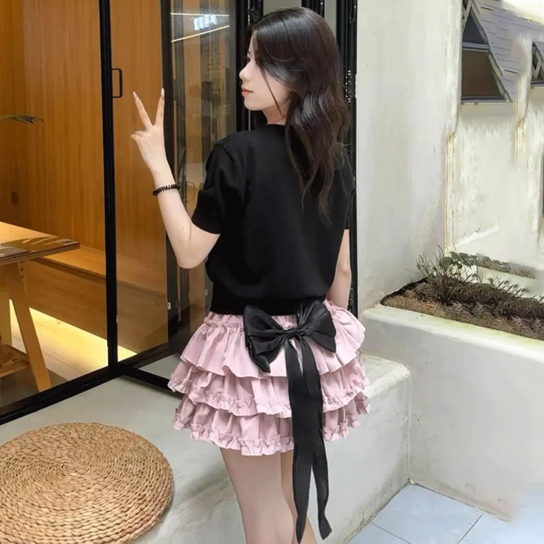 Kawaii Lolita Gothic Clothes Vintage Casual Elastic Waist Cute Bows Lace Trim Puffy Ruffle Layered Short Skirt