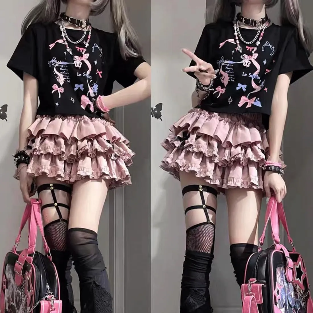 Kawaii Lolita Gothic Clothes Vintage Casual Elastic Waist Cute Bows Lace Trim Puffy Ruffle Layered Short Skirt