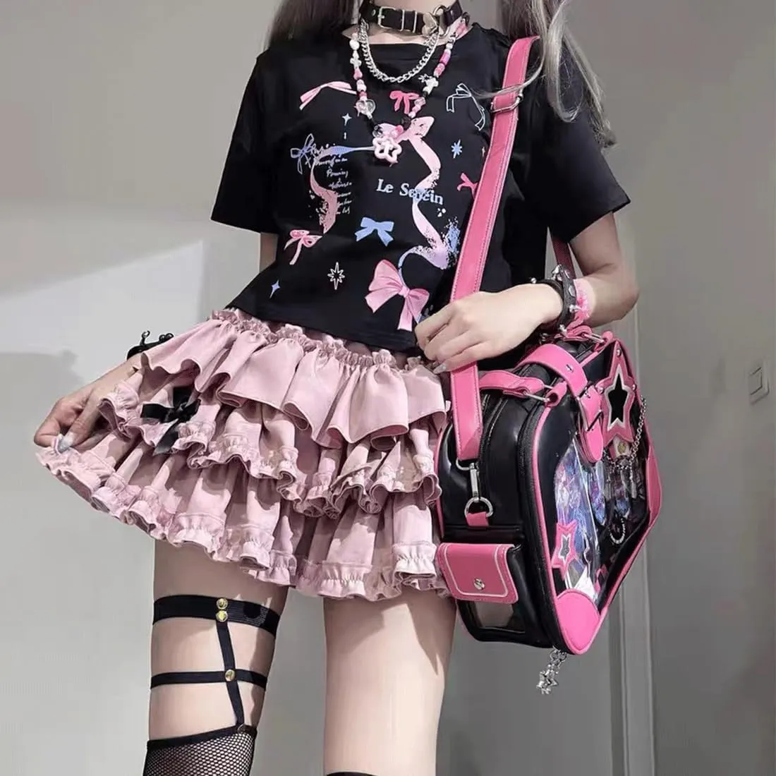 Kawaii Lolita Gothic Clothes Vintage Casual Elastic Waist Cute Bows Lace Trim Puffy Ruffle Layered Short Skirt