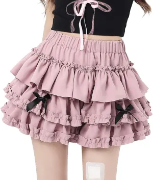Kawaii Lolita Gothic Clothes Vintage Casual Elastic Waist Cute Bows Lace Trim Puffy Ruffle Layered Short Skirt