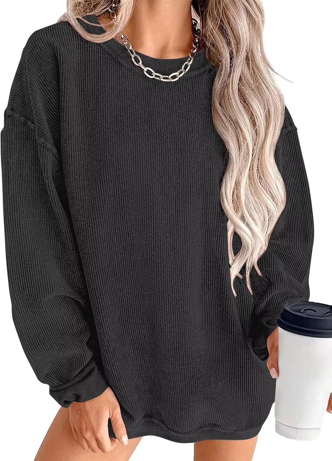KISSMODA Women's Casual Long Sleeve Sweatshirt Color Block/Solid Crewneck Corduroy Pullover Cute Tops