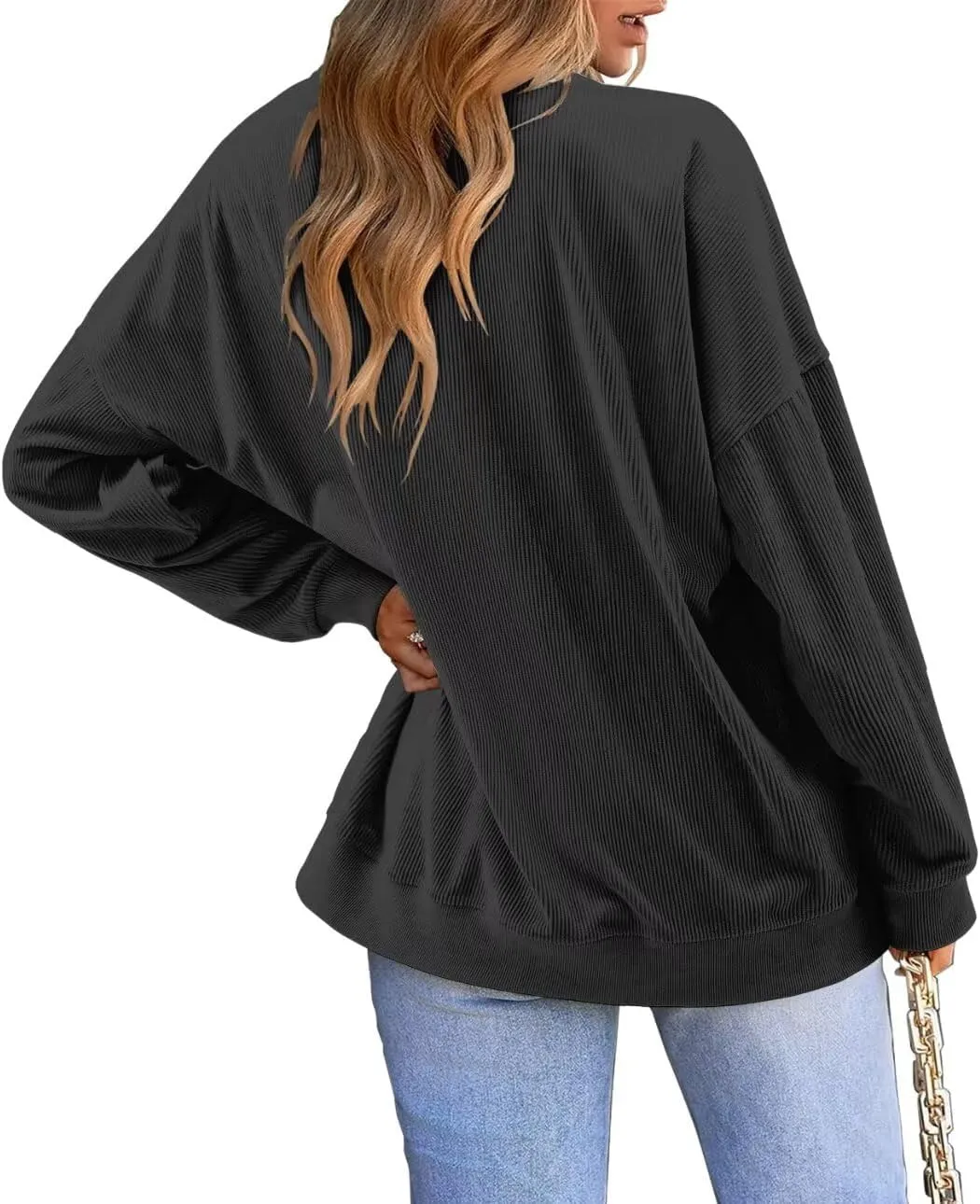 KISSMODA Women's Casual Long Sleeve Sweatshirt Color Block/Solid Crewneck Corduroy Pullover Cute Tops
