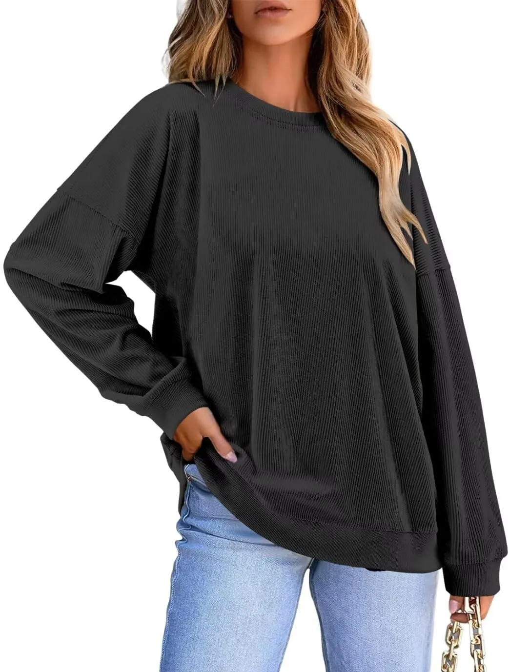 KISSMODA Women's Casual Long Sleeve Sweatshirt Color Block/Solid Crewneck Corduroy Pullover Cute Tops